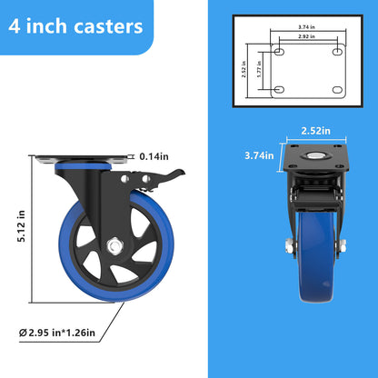 Caster Wheels 4-Inch Color Blue with Brakes and Dust Covers for Smooth and Versatile Mobility