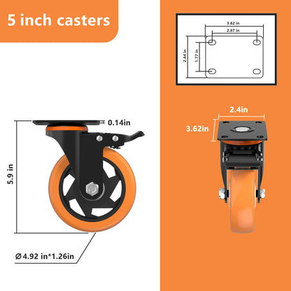 Caster Wheels 5-Inch Color Orange with Brakes and Dust Covers for Smooth and Versatile Mobility