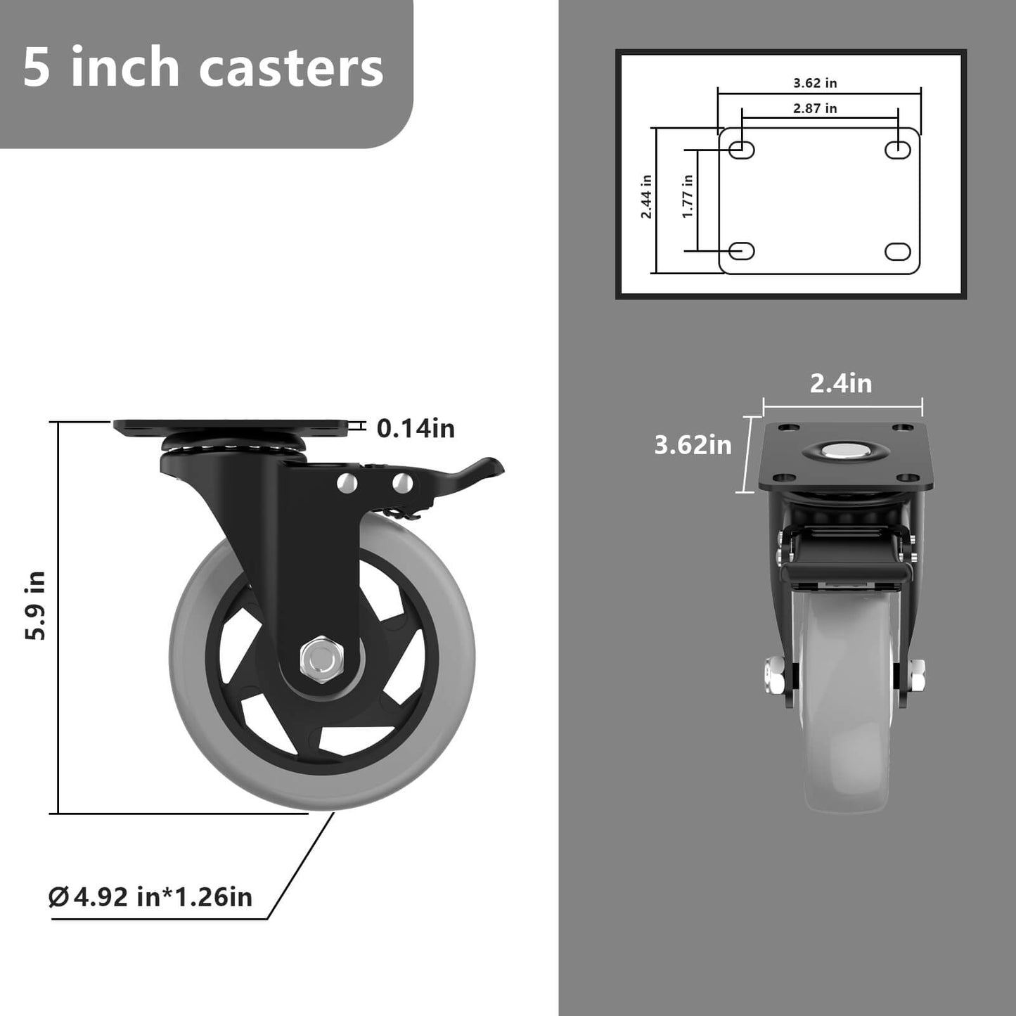 Caster Wheels 5-Inch Color Gray for Smooth and Versatile Mobility