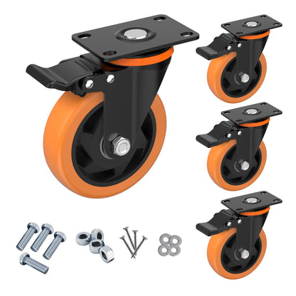 Caster Wheels 5-Inch Color Orange with Brakes and Dust Covers for Smooth and Versatile Mobility