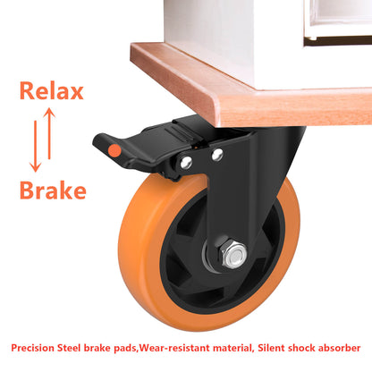 Caster Wheels 5-Inch Color Orange with Brakes and Dust Covers for Smooth and Versatile Mobility