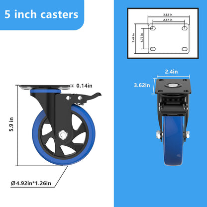 Caster Wheels 5-Inch Color Blue with Brakes and Dust Covers for Smooth and Versatile Mobility