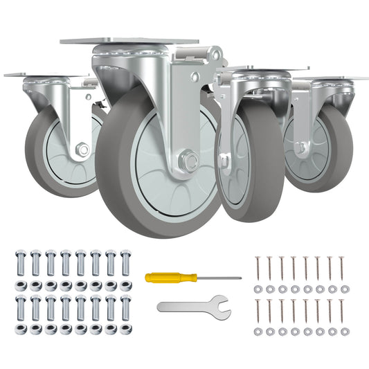 Caster Wheels 5-Inch Metal Color Gray for Smooth and Versatile Mobility with Brakes and TPR Rubber