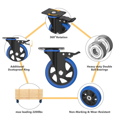 Caster Wheels 4-Inch Color Blue with Brakes and Dust Covers for Smooth and Versatile Mobility